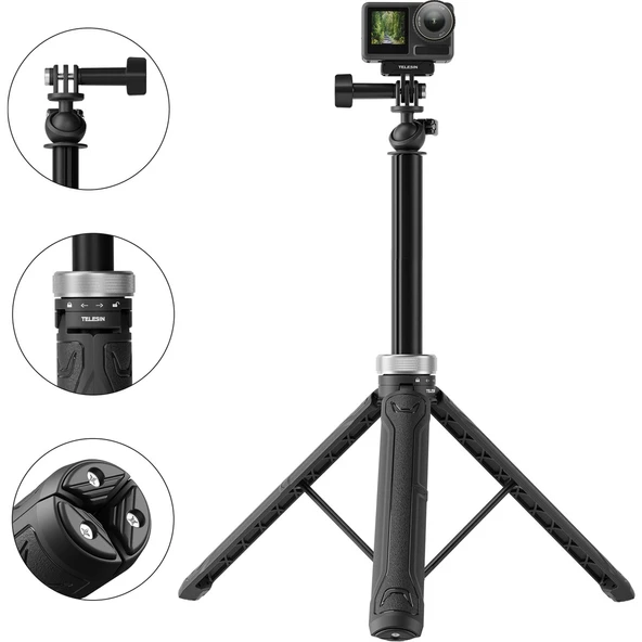 Telesın Tripod & Selfie Çubuğu (1.5m) Gopro, Osmo Action Uyumlu, 360° AYARLANABILIR ürün görseli 1