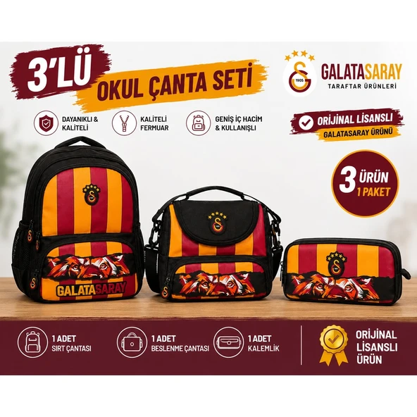 Galatasaray Lisanslı 4 Bölmeli Okul Çantası 26568+ Beslenme Çantası 26570+ Kalemlik 26571 ürün görseli 1