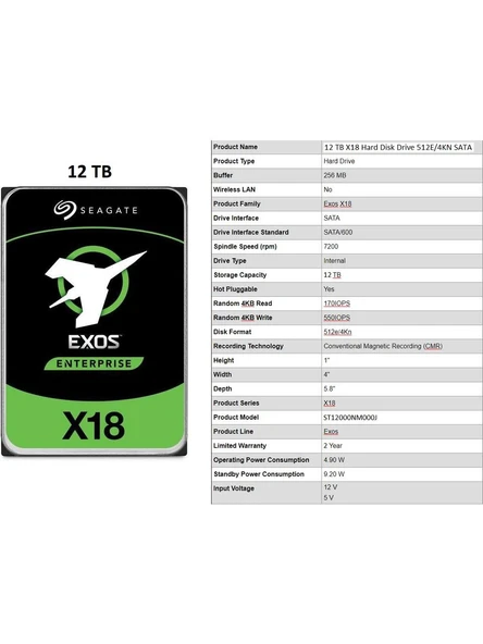 SEAGATE EXOS X18 3.5 12TB SATA 512MB ST12000NM000J ürün görseli 1