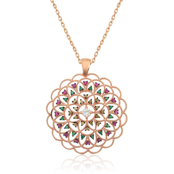 Gümüş Rose Geometrik Desenli Madalyon Kolye ürün görseli 1