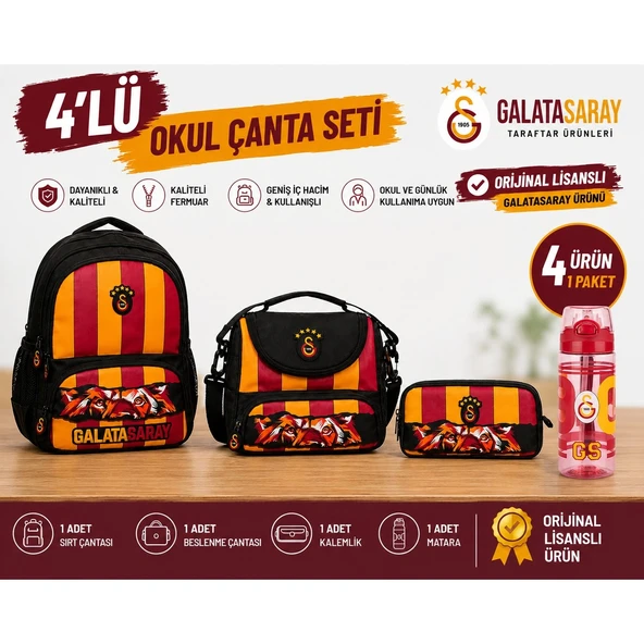 Galatasaray Lisanslı 4 Bölmeli Okul Çantası 26568+ Beslenme Çantası 26570+ Kalemlik 26571+ Matara 26567 ürün görseli 1