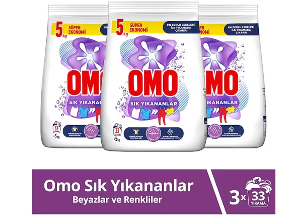 Omo Sık Yıkananlar Beyazlar ve Renkliler için 5 kg 3'lü Toz Deterjan ürün görseli 1