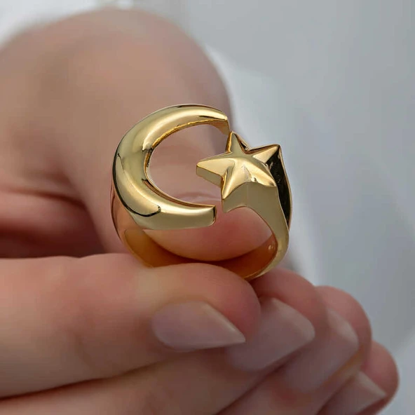 925 Ayar Gümüş Gold Ay Yıldız Kadın Yüzük ürün görseli 1