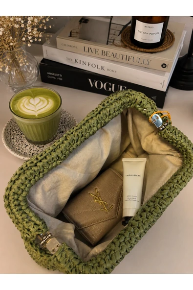 Örgü Hasır Clutch Yeşil Kadın Çanta 35 x 20 ürün görseli 1