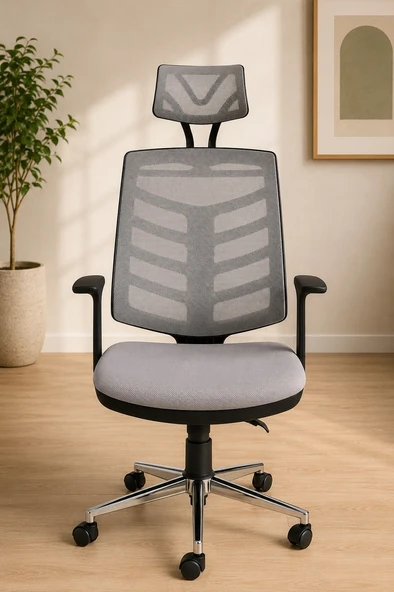 Ergonomik Başlıklı Ofis Koltuğu, Fileli Sırt Destekli, Gri Siyah Çalışma Koltuğu, Krom Ayaklı Yönetici Koltuğt ürün görseli 1