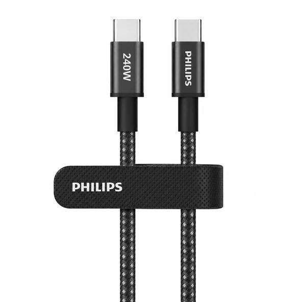 Philips DLC7030C/00 240W USB-C to USB-C Örgülü Şarj Kablosu, Siyah, 1 Metre ürün görseli 1