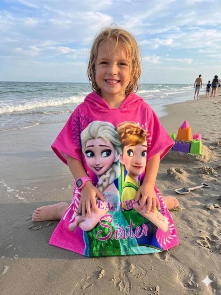 Cg Kids Frozen Friends Panço Pembe Kapüşonlu Plaj ve Havuz Havlusu ürün görseli 1