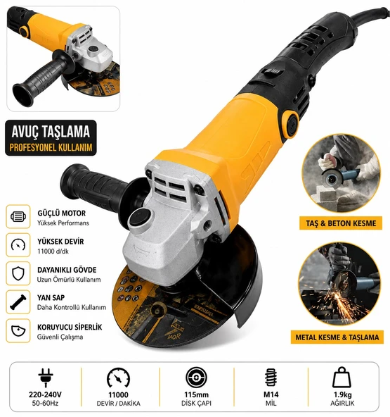 Germany Bakır Sargılı 4500 W 115 Mm Devir Ayarlı Spiral Avuç Içi Kesme Ve Taşlama Makinası ürün görseli 1