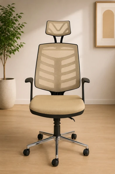 Ergonomik Başlıklı Ofis Koltuğu Krem Bej, Fileli Yönetici ve Çalışma Koltuğu, Krom Ayaklı Bilgisayar Koltuğu ürün görseli 1