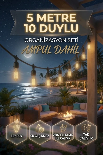 5 Metre 10 Duylu Dış Mekan Aydınlatma Seti – Rustik Ampul Dahil, Su Geçirmez, E27 Organizasyon, Bahçe, Teras Işığı ürün görseli 1