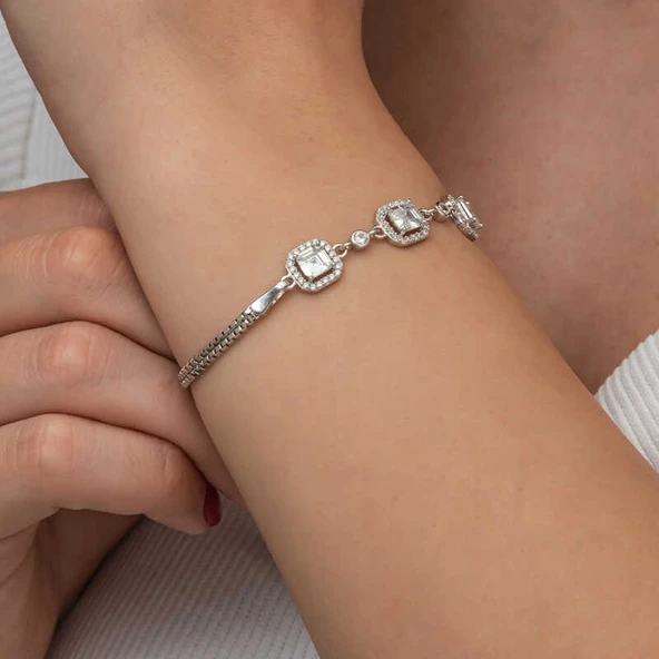 Gümüş Üçlü Kare Kadın Bileklik - Resim 5