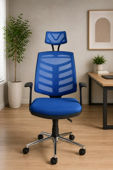 Ergonomik Mavi Başlıklı Ofis Koltuğu, Fileli Yönetici ve Çalışma Koltuğu, Krom Ayaklı Home Office Bilgisayar Koltuğu ürün görseli 1