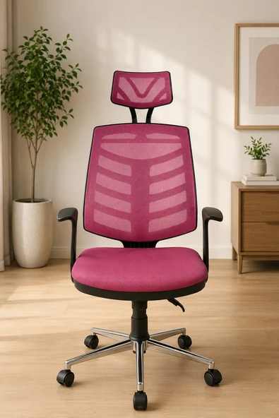 Ergonomik Pembe Başlıklı Ofis Koltuğu, Fileli Çalışma ve Bilgisayar Koltuğu, Krom Ayaklı Home Office Koltuğu ürün görseli 1