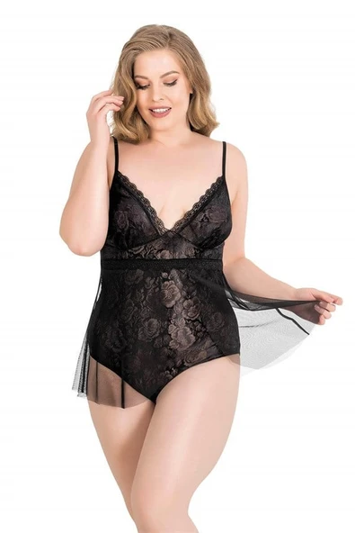 Büyük Beden Siyah Bodysuit Jakarlı Gecelik ürün görseli 1