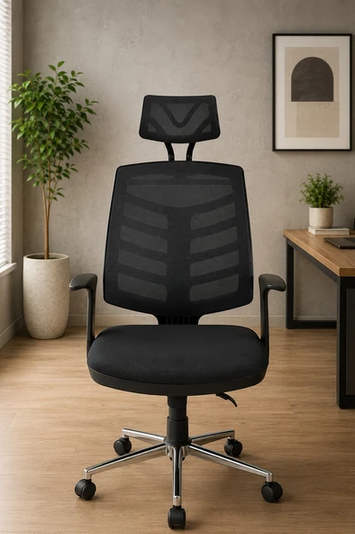 Ergonomik Siyah Başlıklı Ofis Koltuğu, Fileli Yönetici ve Çalışma Koltuğu, Krom Ayaklı Bilgisayar Koltuğu ürün görseli 1