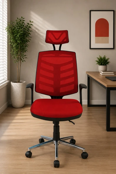 Ergonomik Kırmızı Başlıklı Ofis Koltuğu, Fileli Yönetici ve Çalışma Koltuğu, Krom Ayaklı Bilgisayar Koltuğu ürün görseli 1