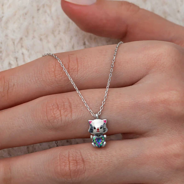 Gümüş Mistik Topaz Taşlı Sevimli Kedi Kolye - Resim 2