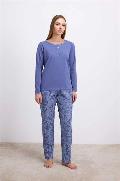 %95 Pamuklu Uzun Kollu T-Shirt ve Desenli Pantolon Pijama Takımı ürün görseli 1