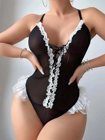 Siyah Dantel İşlemeli Sırt Dekolteli Body ürün görseli 1