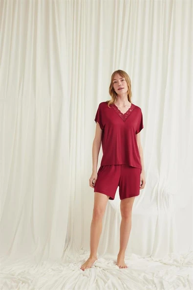 Closet Kısa Kollu Dantelli V Yaka Şort Pijama Takımı ürün görseli 1