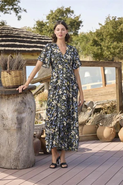 Viskon Çiçek ve Yaprak Desenli Önü Düğmeli Elbise ürün görseli 1