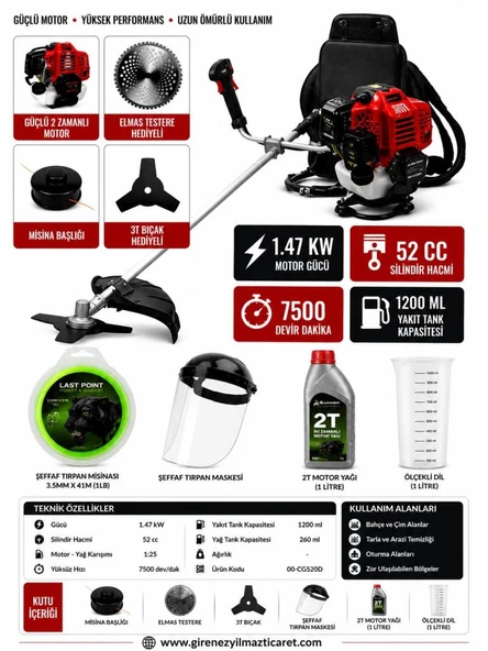 Algaride Ibelt 52cc Sırt Tipi Benzinli Tırpan 1.47 kW 7500 Dvr Misina Başlığı 3T Bıçak Elmas Testere Yağ Maske Seti ürün görseli 1