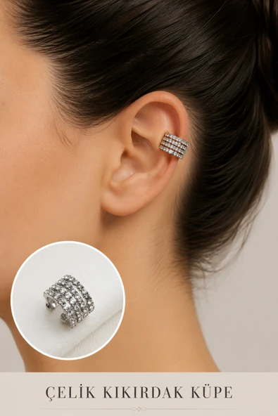 2'li Zirkon Taşlı Detaylı Kıkırdak Küpe/Earcuff/Conch (Delik Gerekmez) ürün görseli 1