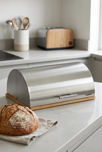 Cooker Silvora Metal Kapaklı Bambu Tabanlı Ekmek Kutusu CKR4542 ürün görseli 1