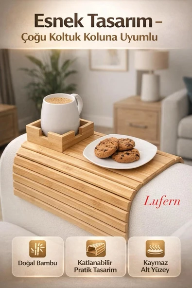 Özel Tasarım Katlanabilir Ahşap Koltuk Yanı Kanepe Tepsisi Aksesuar Bardak Atıştırmalık 32x33 cm ürün görseli 1