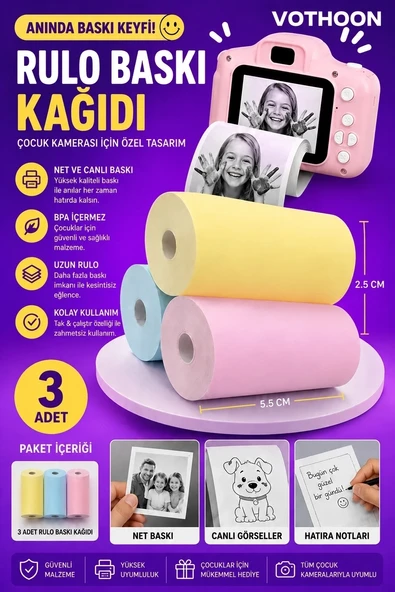 Çocuk Fotoğraf Makinesi Yedek Termal Baskı Kağıdı Renkli (3 Lü Rulo) – 57x25mm ürün görseli 1