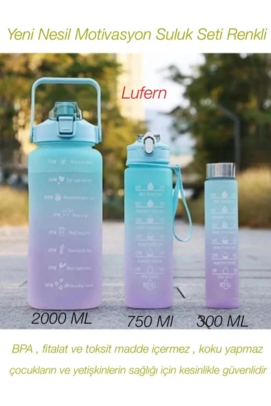 Yeni Nesil Motivasyon Suluk Seti Renkli BPA İçermez Koku Yapmaz Spor Matara 2000 Ml- 700 Ml- 300 Ml ürün görseli 1