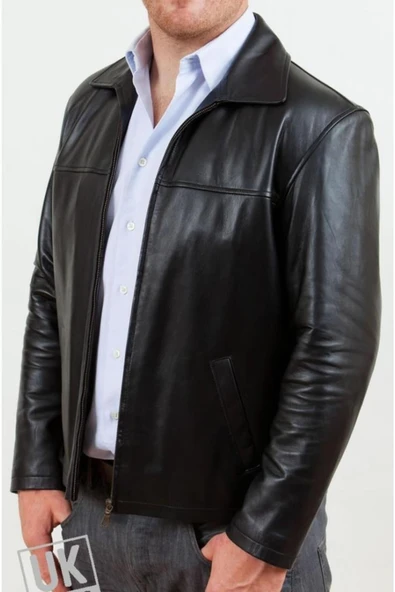Hakiki Deri Siyah Klasik Harrington Erkek Deri Ceket ürün görseli 1