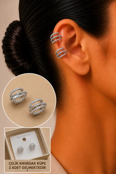 Zirkon Taşlı Detaylı Kıkırdak Küpe/Earcuff/Conch (Delik Gerekmez) ürün görseli 1