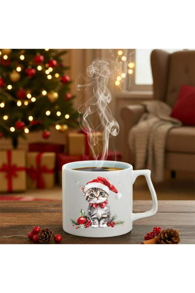 Finka Dekor Yılbaşı Noel Şapkalı Kedi Baskılı-Hediyelik Seramik Kupa Bardak ürün görseli 1