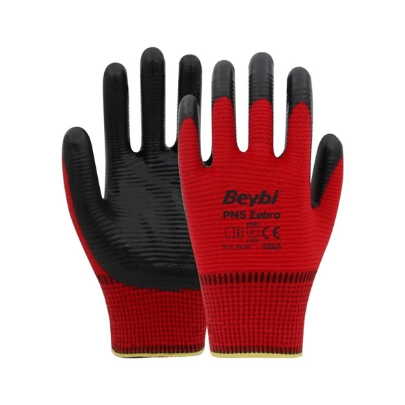 Beybi Nitril PMK PN5 Zebra Kırmzı Siyah 10 Beden 12li Paket ürün görseli 1