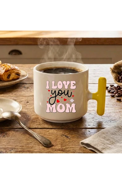 Finka Dekor I Love You Mom Baskılı-Sarı T Hediyelik Seramik Kupa Bardak ürün görseli 1
