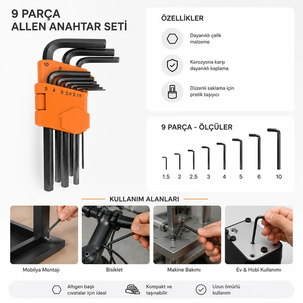 RC0215 Allen Anahtar Seti 9 Parça Düz Uzun Alyan Takımı Dayanıklı Çelik Profesyonel Kullanım ürün görseli 1