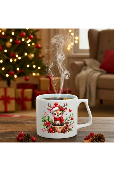 Finka Dekor Yılbaşı Noel Şapkalı Geyik Baskılı-Hediyelik Seramik Kupa Bardak ürün görseli 1