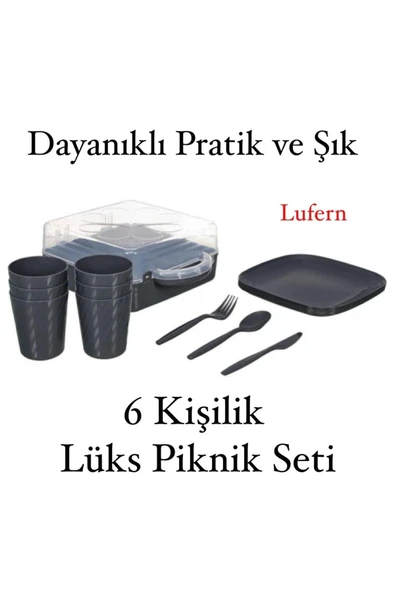 Lüx Piknik Sepeti 6 Kişilik Çatal Bıçak Bardak Kaşık Tabak Piknik Mangal Kamp Seti Hijyenik ürün görseli 1