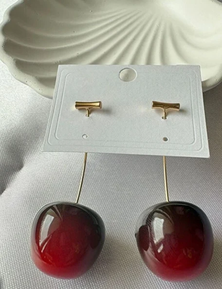 B&B BELONİ Kırmızı Damla Formlu Sallantılı Küpe Gold Detaylı Modern Tasarım Kadın Küpe ürün görseli 1