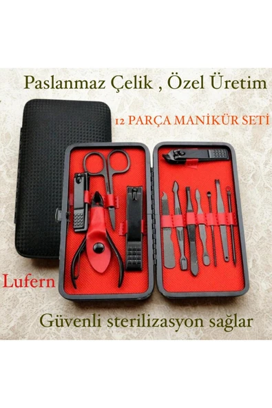 Paslanmaz Çelik Özel Üretim Manikür Seti 12 Parça Deri Kaplama Kutulu El Ayak Şık Uzun Ömürlü ürün görseli 1