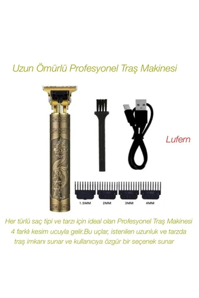Uzun Ömürlü Profesyonel Traş Makinesi Ejderha İşlemli Saç Sakal Bıçak Temizleme Fırçası Metal Gövde ürün görseli 1