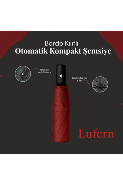 Modern Bordo Kılıflı Otomatik Kompakt Şemsiye Rüzgarda Kırılmayan 8 Telli Su Geçirmez Seyahat Ofis ürün görseli 1