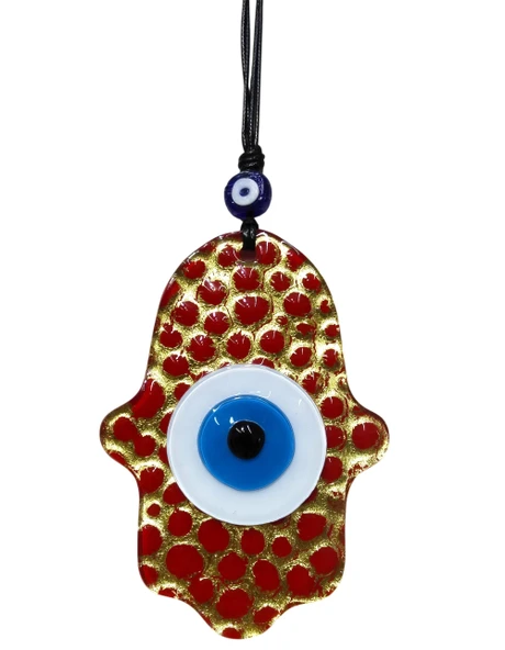 Cam Fatma Ana Eli Duvar Süsü Nazar Boncuklu - Kırmızı Gold Detaylı Hamsa Eli 10x15 cm ürün görseli 1
