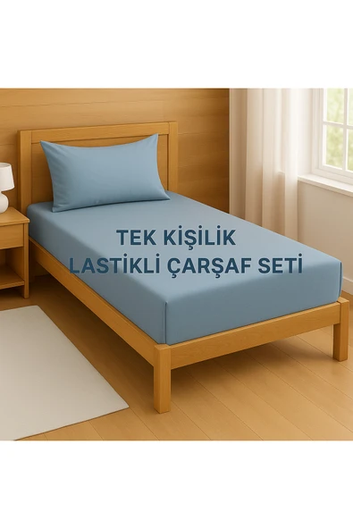 Loova Tek Kişilik Lastikli Çarşaf Takımı %100 Pamuklu Mavi Renk 100×200 Ebat Yastık Kılıfı Dahil ürün görseli 1