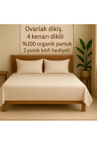 Loova Lastiksiz çarşaf çift kişilik %100 pamuk 4 köşe ovarlak dikiş 2 yastık kılıfı hediyeli 220×240 ürün görseli 1