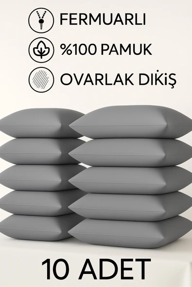 Loova Yastık kılıfı 10 Adet Gri renk 50×70 ebat %100 pamuk ovarlak dikişli fermuarlı lüx kılıf ürün görseli 1