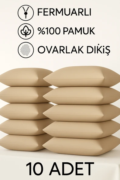 Loova Yastık kılıfı 10 Adet bej renk 50×70 ebat %100 pamuk ovarlak dikiş Fermuarlı lüx kılıf ürün görseli 1