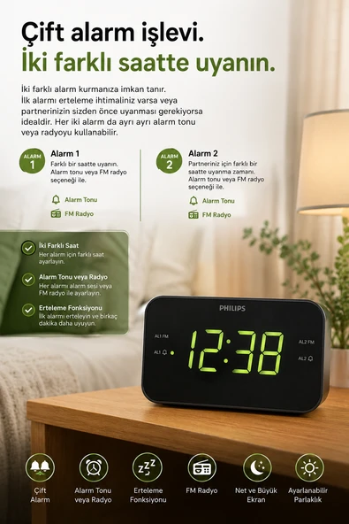 Philips TAR3306/12 Masaüstü Saatli Radyo - Resim 2