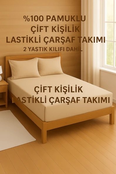 Loova Çift kişilik lastikli çarşaf takımı %100 pamuklu bej renk 2 adet yastık kılıfı dahil ürün görseli 1